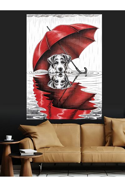 Tablomega Dog under Red Umbrella Decorative Canvas - Mdf Wooden Painting