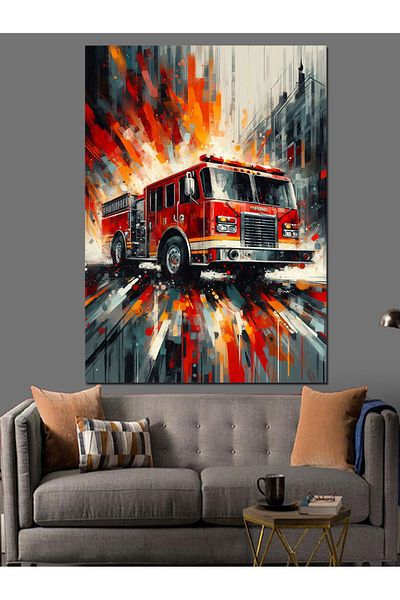 Tablomega Fire Truck in Flames Decorative Canvas - Mdf Wooden Painting
