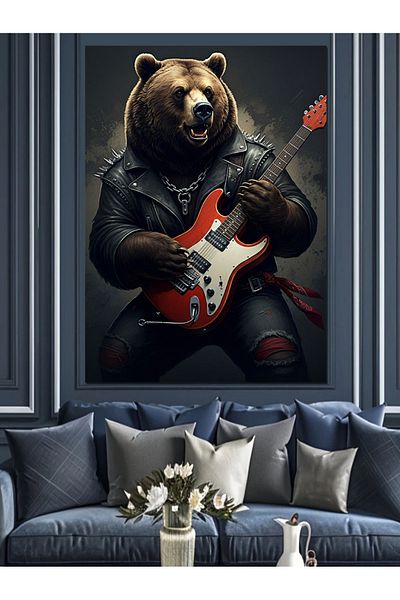 Tablomega Bear Playing Electric Guitar Decorative Canvas - Mdf Wooden Painting