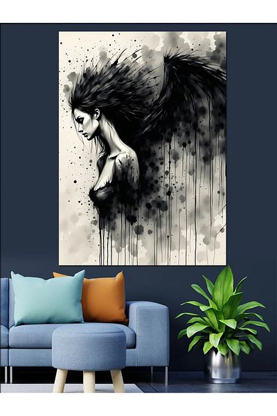 Tablomega Woman with Black Wings Decorative Canvas - Mdf Wooden Painting