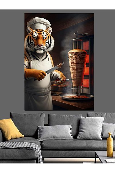 Tablomega Rotary When Tiger Decorative Canvas - Mdf Wooden Table