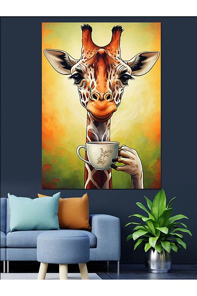 Tablomega Coffee Giraffe Decorative Canvas - Mdf Wooden Table
