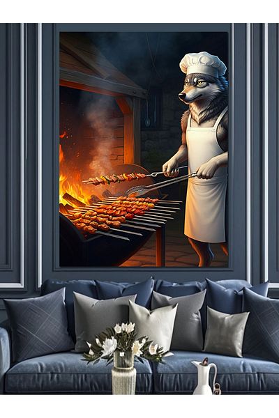 Tablomega Cooking on the Brazier Wolf Decorative Canvas - Mdf Wooden Painting