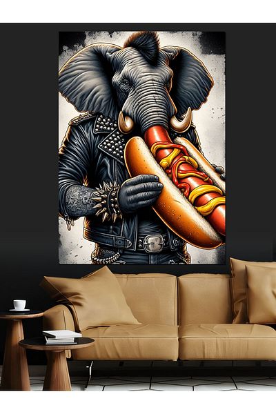 Tablomega Pânză decorativă elefant cu hotdog - masă din lemn MDF