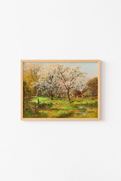 epiqart Çiçek Açan Kır Evi Bahçesi - Ahşap Desenli Çerçeve
