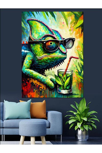 Tablomega Chameleon with Glasses Decorative Canvas - Mdf Wooden Painting