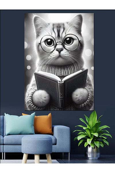 Tablomega Cat Reading a Book Decorative Canvas - Mdf Wood Art Print