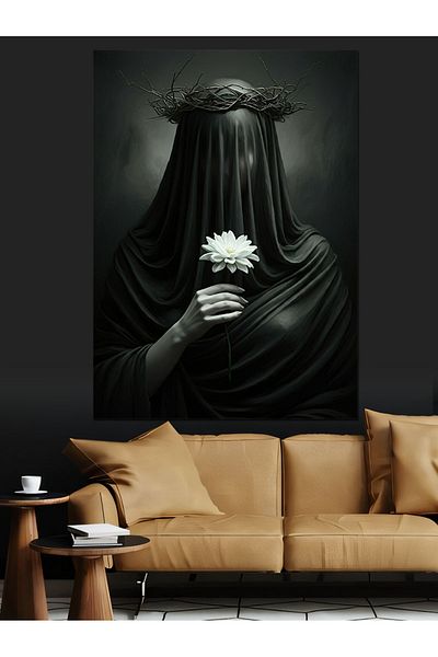 Tablomega Woman Holding Flowers with Black Scarf Decorative Canvas - Mdf Wooden Painting