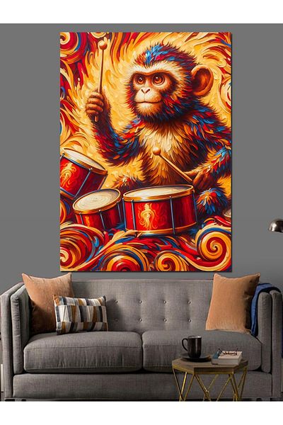Tablomega Drummer Monkey in Flames Decorative Canvas - Mdf Wooden Painting