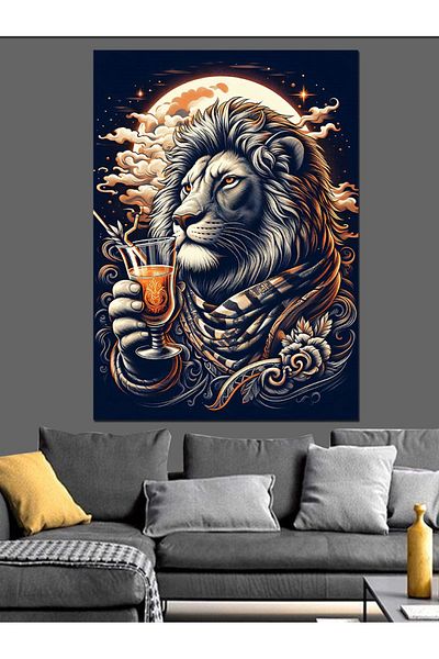 Tablomega Lion Drinking Cocktail Decorative Canvas - Mdf Wooden Table