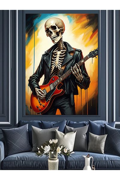 Tablomega Skeleton Playing Guitar Decorative Canvas - Mdf Wooden Painting