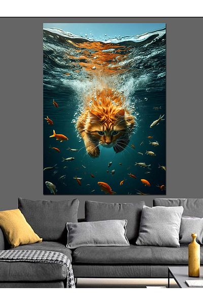 Tablomega Cat Fishing in the Sea Decorative Canvas - Mdf Wooden Painting
