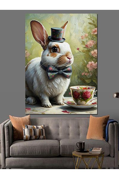 Tablomega Rabbit Drinking Tea Decorative Canvas - Mdf Wooden Painting