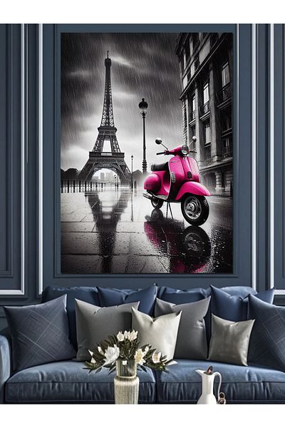 Tablomega Turnul Eiffel și Pânză Decorativă Motocicletă Roz - Lemn MDF