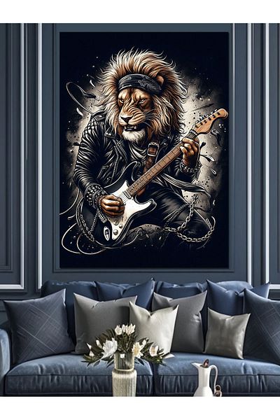 Tablomega Wolf Playing Electric Guitar Decorative Canvas - Mdf Wooden Painting