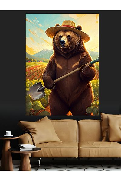 Tablomega Bear in Hat Decorative Canvas in Nature Landscape - Mdf Wooden Painting