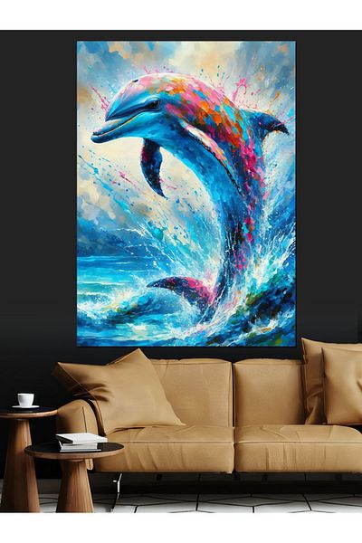 Tablomega Dolphins Jumping in the Ocean Decorative Canvas - Mdf Wooden Painting