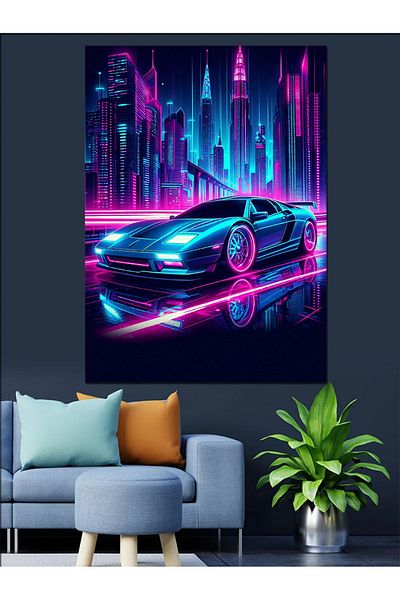 Tablomega Pânză decorativă pentru mașină sport colorată neon - pictură din lemn MDF