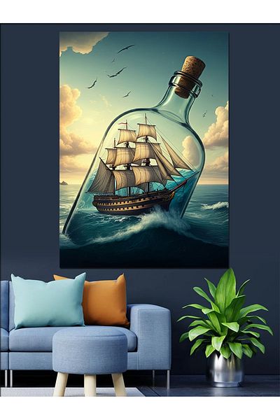 Tablomega Sailing Ship in a Bottle Decorative Canvas - Mdf Wood Table
