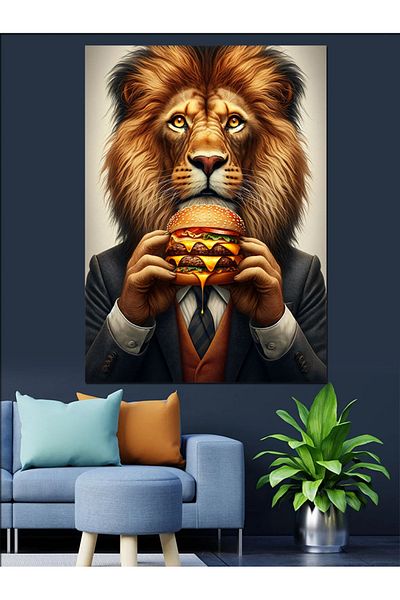Tablomega Lion Eating Hamburger Decorative Canvas - Mdf Wooden Table