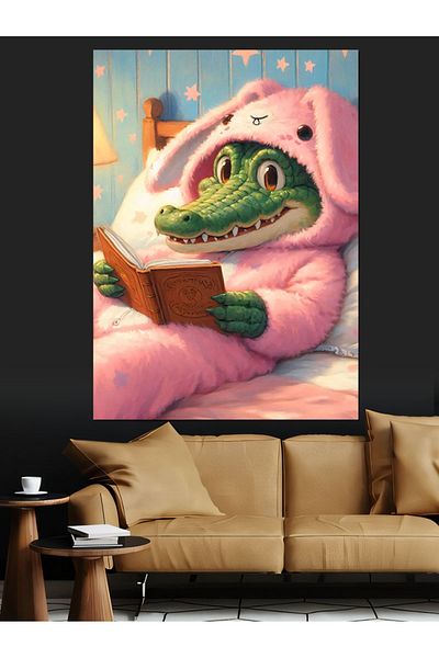 Tablomega Reading a Book with Crocodile Pajamas Decorative Canvas - Mdf Wooden Painting