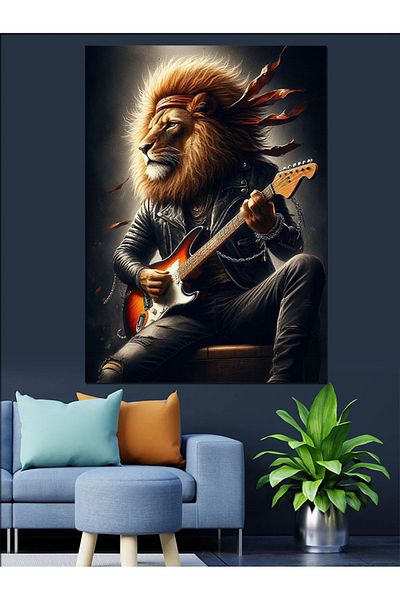 Tablomega Lion Playing Guitar Decorative Canvas - Mdf Wooden Painting