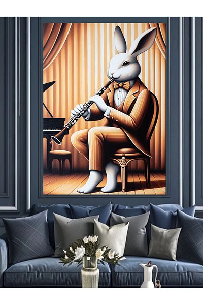 Tablomega Clarinet Playing Rabbit Decorative Canvas - Mdf Wooden Painting