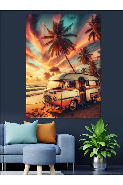 Tablomega Camper Caravan on the Beach Decorative Canvas - Mdf Wooden Painting