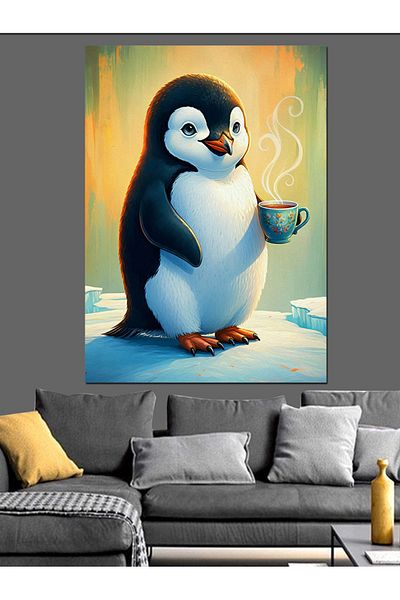 Tablomega Pinguin băutând cafea Pânză decorativă - Lemn MDF