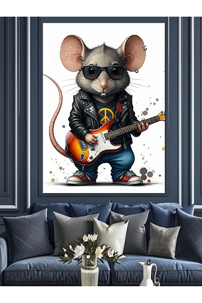 Tablomega Mouse Playing Guitar Decorative Canvas - Mdf Wooden Painting