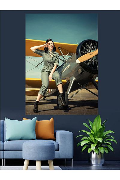 Tablomega Pilot Woman Decorative Canvas - Mdf Wooden Painting