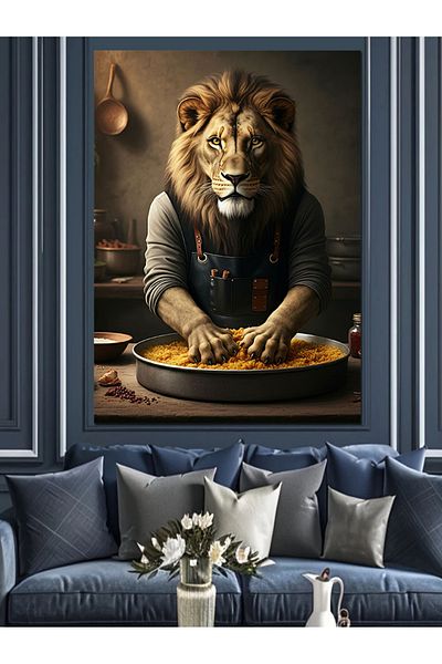 Tablomega Lion Chef Making Raw Meatballs Decorative Canvas - Mdf Wooden Painting