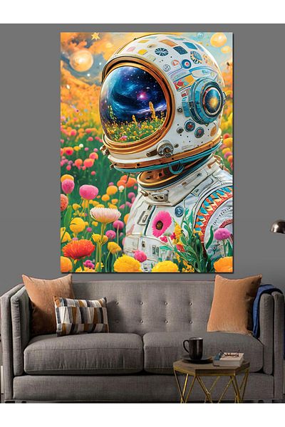 Tablomega Astronaut Decorative Canvas with Flowers - Mdf Wooden Painting