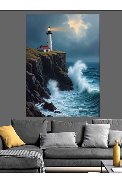 Tablomega Lighthouse in the Storm Decorative Canvas - Mdf Wooden Painting