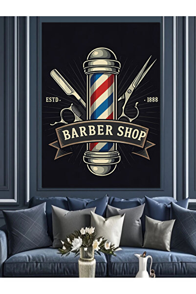 Tablo Mega Berber Dükkânı Logosu Dekoratif Kanvas - Mdf Ahşap Tablo