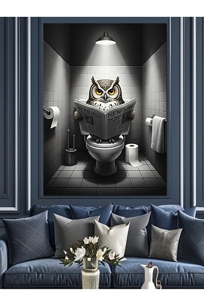 Tablomega Owl on the Toilet Decorative Canvas - Mdf Wooden Painting