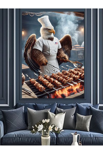 Tablomega Eagle Making Kebab Decorative Canvas - Mdf Wooden Painting