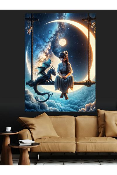 Tablomega Moon and Dragon Decorative Canvas - Mdf Wooden Painting
