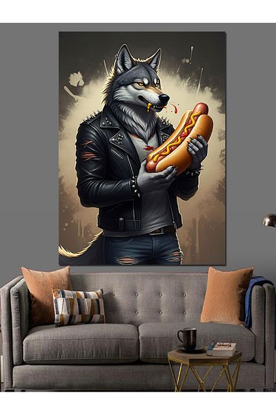 Tablomega Wolf Holding a Sausage Decorative Canvas - Mdf Wooden Painting