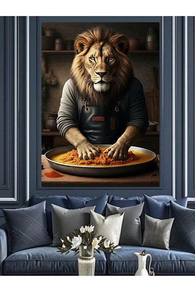 Tablomega Lion Making Raw Meatballs Decorative Canvas - Mdf Wooden Painting