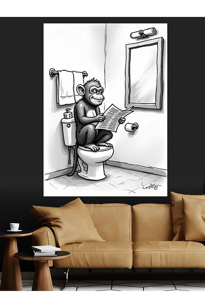 Tablomega Monkey on the Toilet Decorative Canvas - Mdf Wooden Painting
