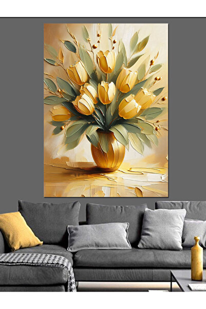 KanvasSepeti Pânză decorativă cu lalele galbene - Pictură în ulei, texturată,...