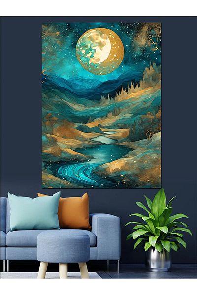 Tablomega Full Moon and River Decorative Canvas - Mdf Wooden Painting