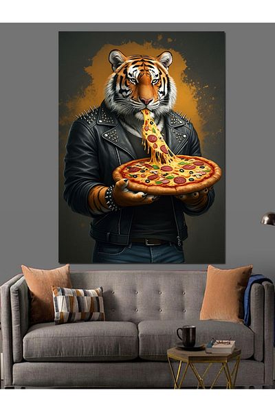 Tablomega Tiger Holding Pizza Decorative Canvas - Mdf Wooden Table