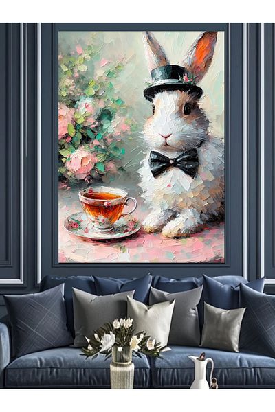 Tablomega Rabbit Drinking Tea with Hat Decorative Canvas - Mdf Wooden Painting