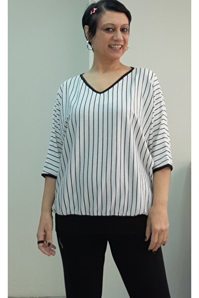 Mertcan Butik Λευκή μαύρη ριγέ φούστα με λαιμόκοψη V με μανσέτα νυχτερίδα με μανίκια τριών τετάρτων χτενισμένο βισκόζη μπλουζάκι