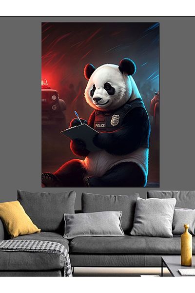 Tablomega Panda Decorative Canvas with Police Outfit - Mdf Wooden Painting