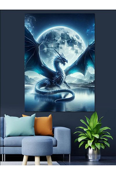 Tablomega Dragon in Moonlight Decorative Canvas - Mdf Wooden Painting