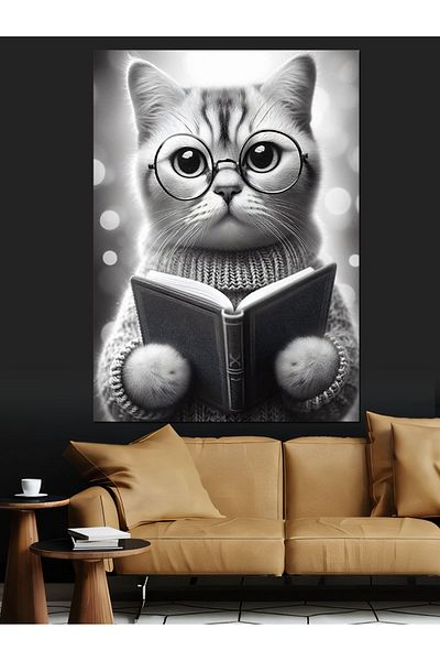 Tablomega Cat Reading a Book Decorative Canvas - Mdf Wood Art Print