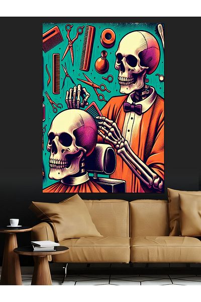 Tablomega Neon Skeleton Barber Decorative Canvas - Mdf Wooden Table